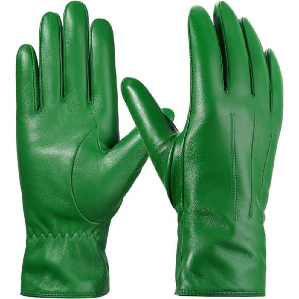New Sheepskin Leather Gloves Cashmere Lined Green Touchscreen Women Size Large